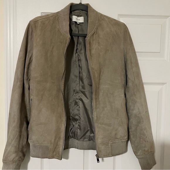 Reiss Goat Suede Leather Mens XS Bomber Jacket Beige Zip Up